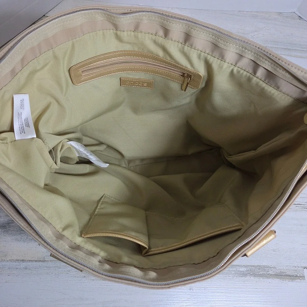 Chicos Large Tote Bag Champagne Gold Nylon Vegan Leather Weekender Travel Purse